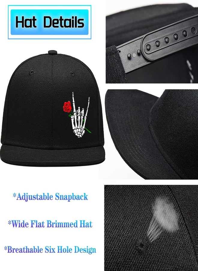 FACITE Mens Snapback Hats Flat Bill Hats for Men Skull Finger Rose hat Black Baseball hat for Mens Fitted Cool Hip Hop Trucker Cap Women Flat Brim Skateboard Accessories Gifts - Image 5